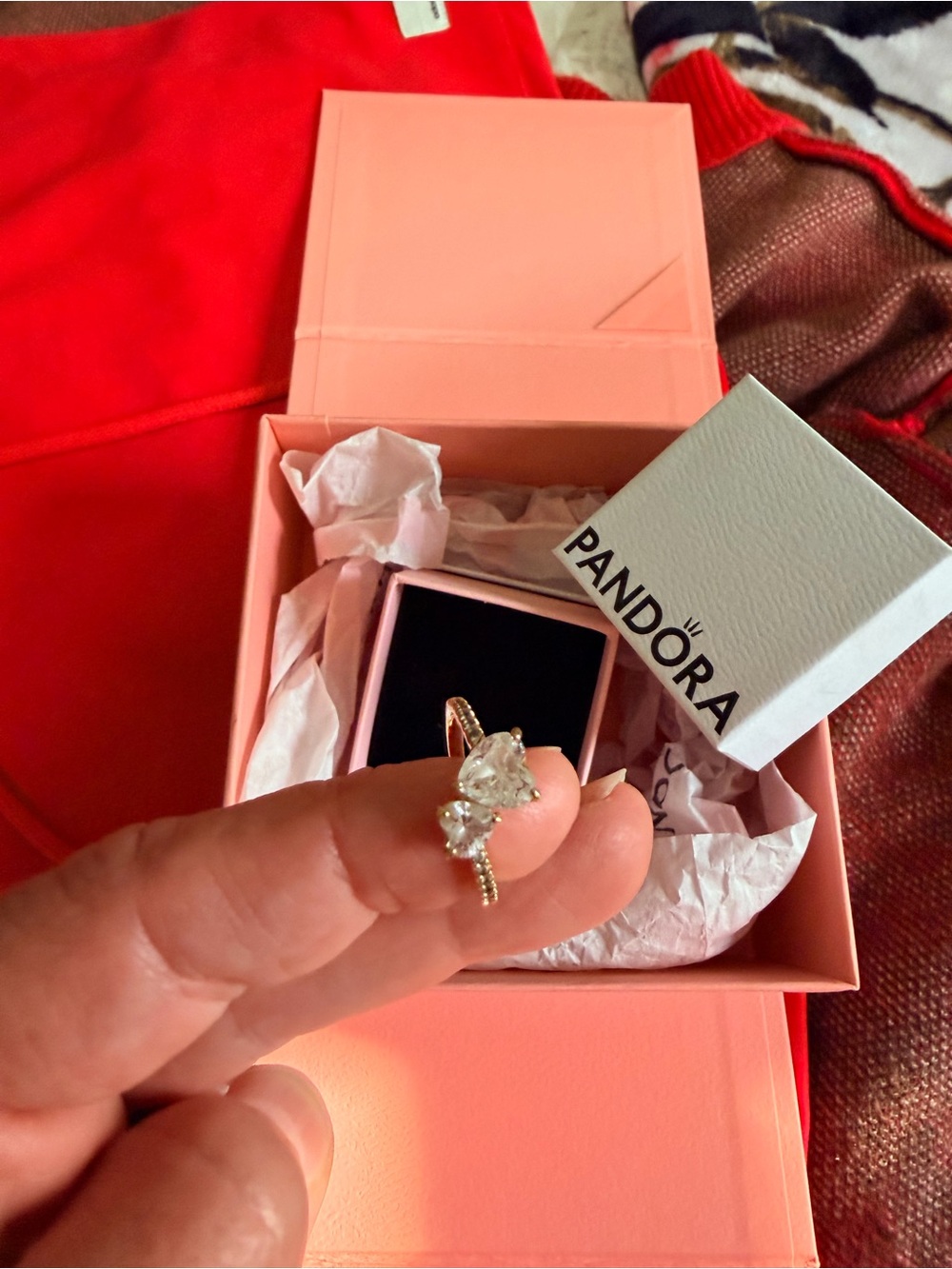 Pandora Rose Gold Heart Ring with Pink and Clear Stones. Worn 2x. Black - Picture 2 of 6